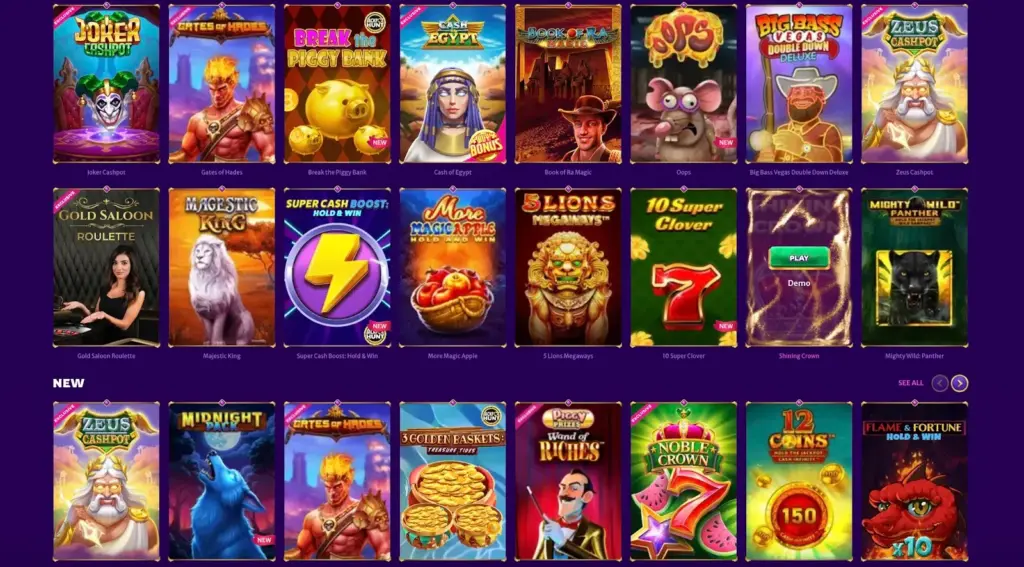 Casino games showcased on a vibrant purple screen, highlighting various gaming options available.