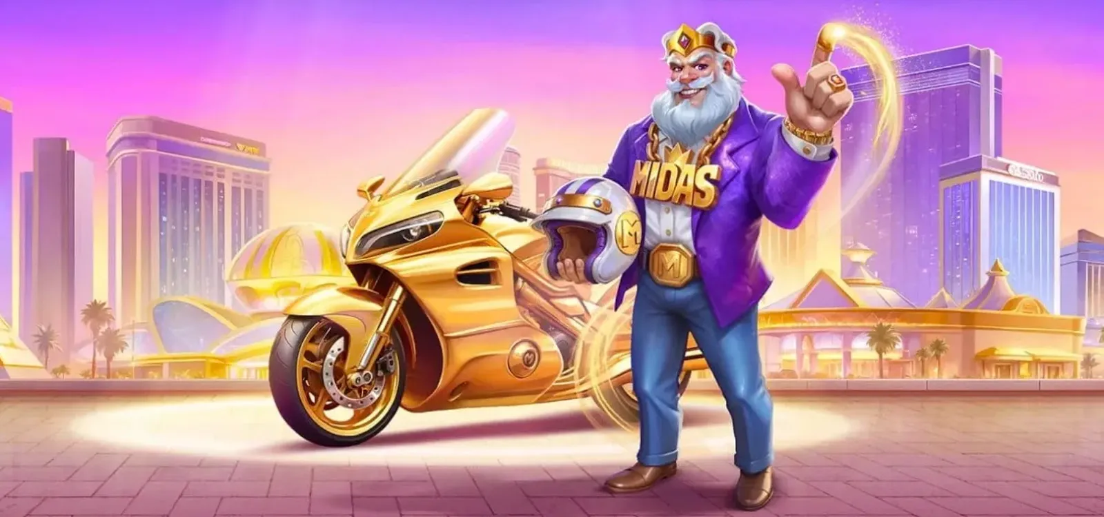 A man in a purple suit stands beside a shiny gold motorcycle, showcasing a stylish and bold fashion statement.