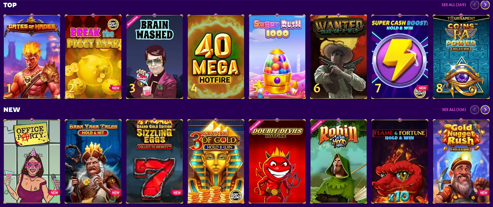 Top games list featuring popular slots