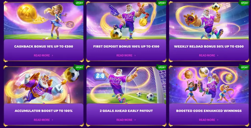 Six colorful sports betting promotions with cartoon-style characters, featuring bonuses, cashback, early payout, accumulator boost, and enhanced odds.