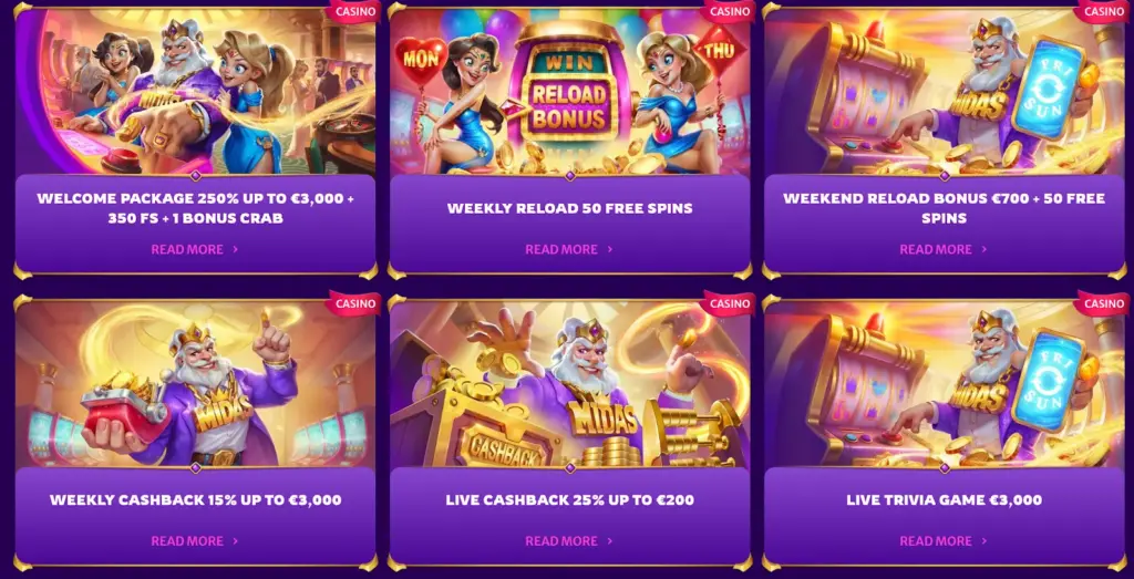 Six illustrated casino offers, including welcome bonus, weekly reload spins, weekend reload bonus, weekly cashback, and live cashback promotions.