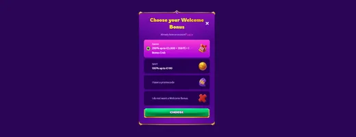 Popup window to select welcome bonus