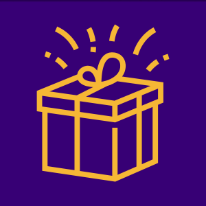 A golden present box with a ribbon and celebratory lines, representing a casino bonus or reward.