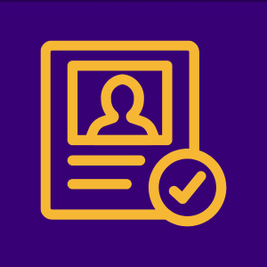 A document with a photo and a check mark, symbolizing profile verification.