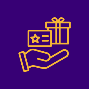 Icon showing a gift card and a hand holding it, symbolizing rewards or gifts.