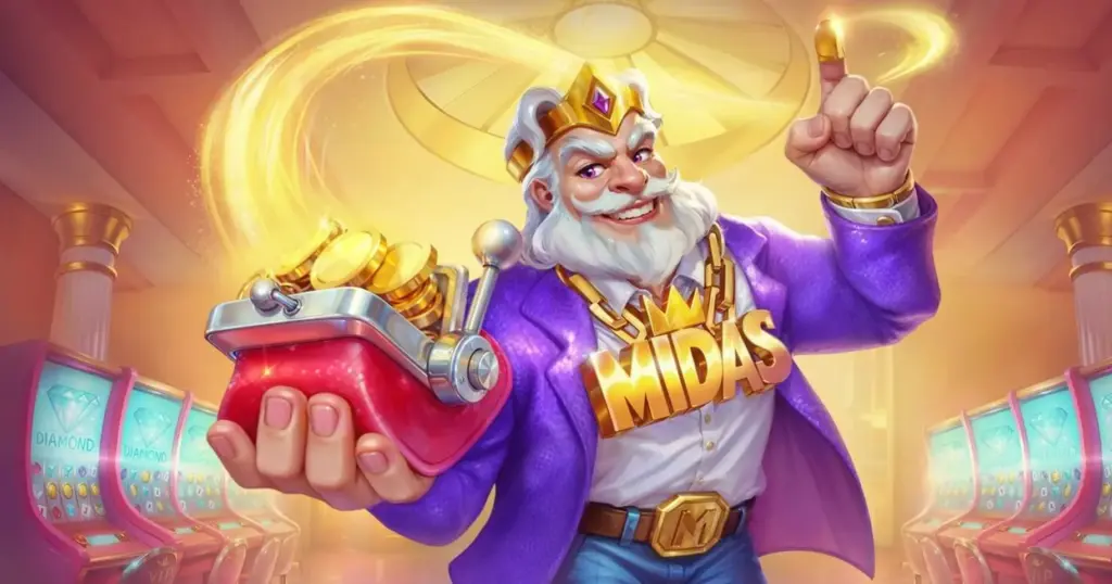 A screenshot from Midas Luck Casino, showing the King Midas holding a purse of gold.