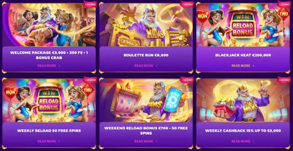 Various casino bonus offers including welcome package, roulette run, blackjack heat, reload bonus, weekend reload bonus, and cashback promotions.