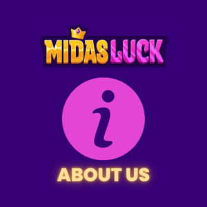 Logo for Midas Luck with the about us info icon on purple background.