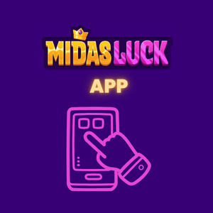 A hand in outline form touching a smartphone screen with the Midas Luck logo above.