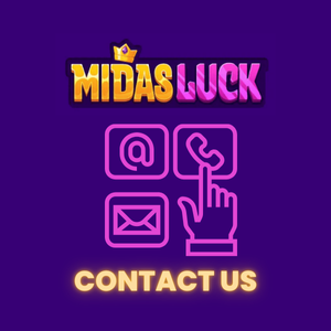 The Midas Luck logo with contact icons email phone click on purple background.