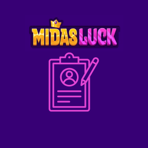 An outline drawing of a clipboard with a user profile, next to a pencil under the Midas Luck logo.