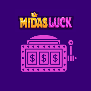 A drawing of a slot machine with dollar signs on each reel under the Midas Luck logo.