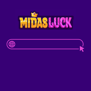 A browser bar with a globe icon and a mouse cursor pointing to the right under the Midas Luck logo.