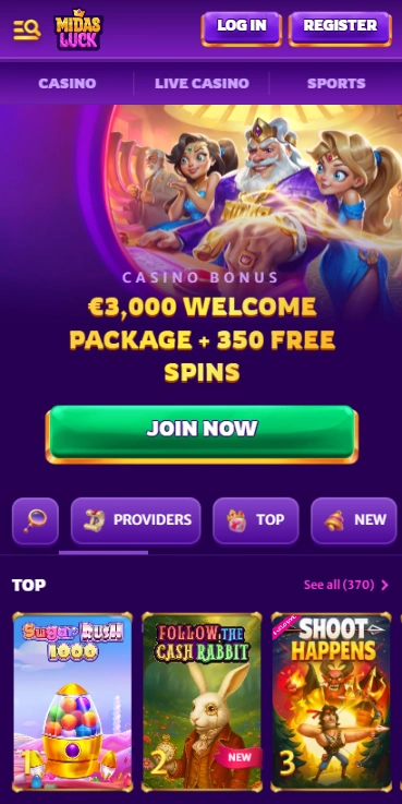 The Midas Luck Casino homepage viewed on a Samsung Galaxy A71.