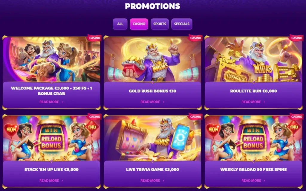 The Midas Luck promotions page showcasing the casino offers.